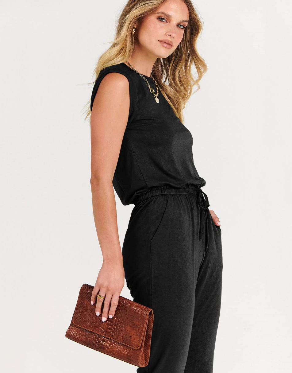 ANRABESS Crewneck Sleeveless Stretchy Jumpsuits Rompers with Pockets