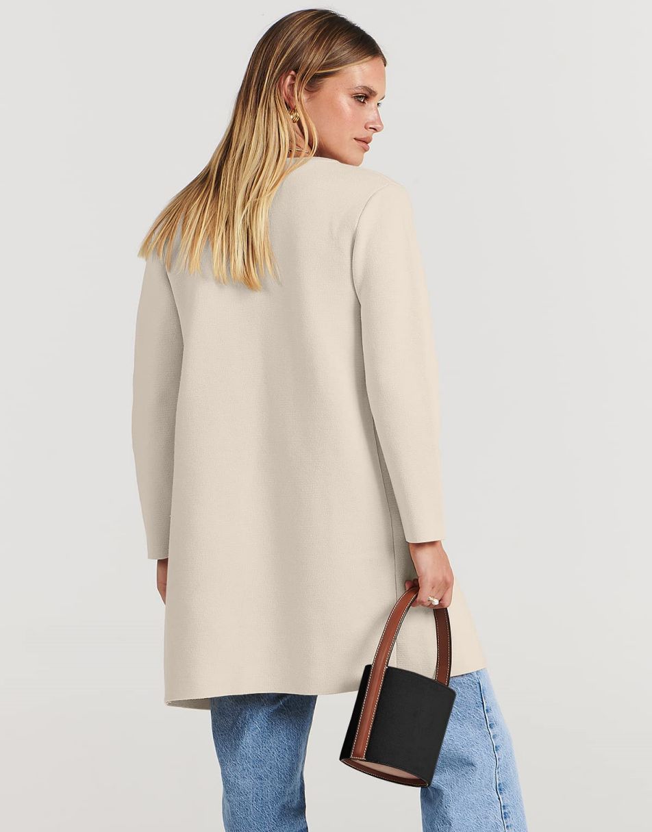 ANRABESS Women's Open Front Knit Cardigan Long Sleeve Lapel Casual Solid Classy Sweater Jacket