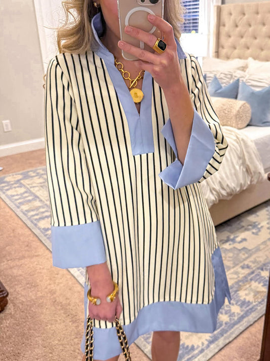 SVENDITA🔥 Abito a camicia con scollo a V, colletto e spacchi, a righe