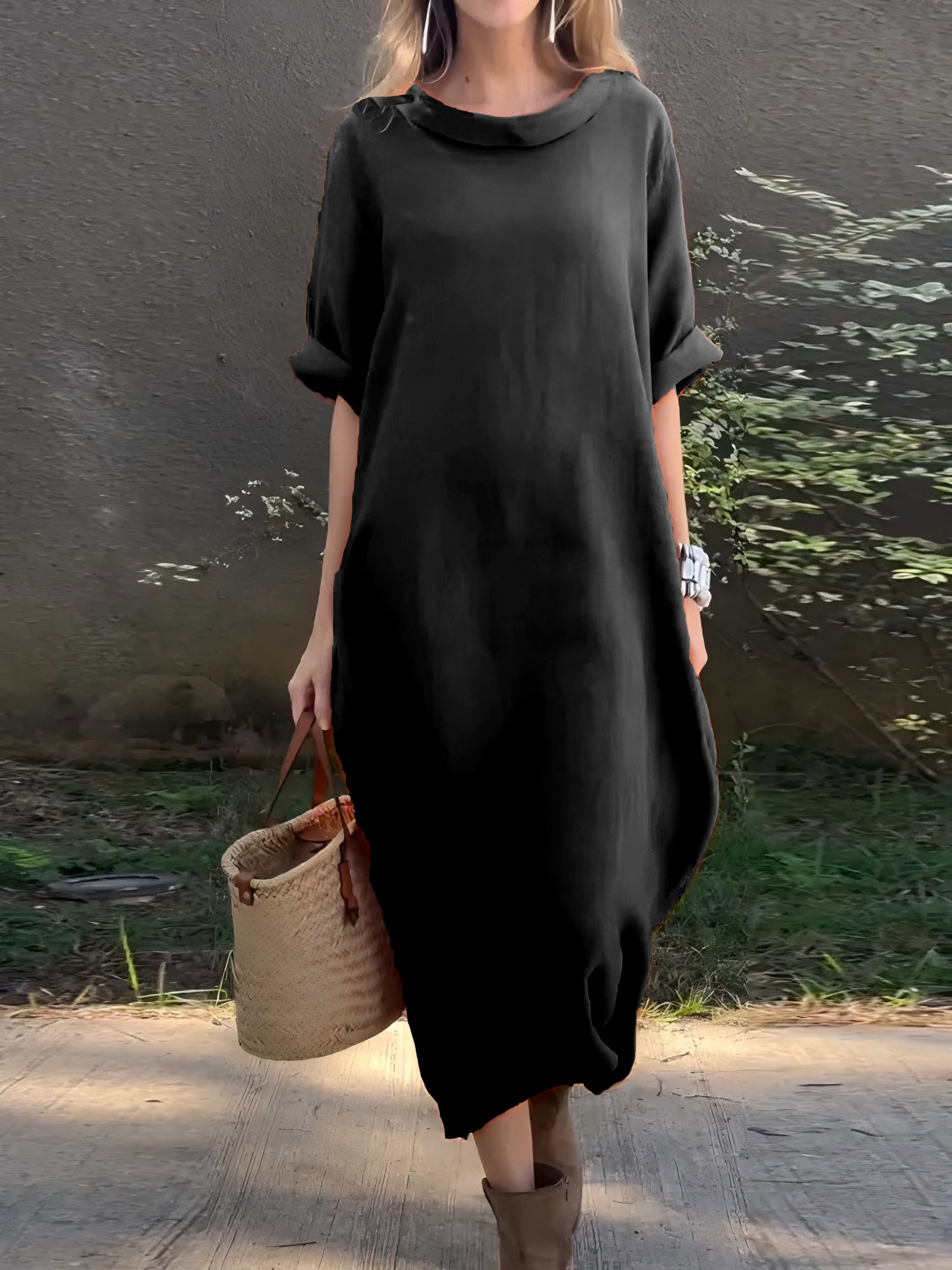 Vestito casual in cotone e lino a tinta unita da donna
