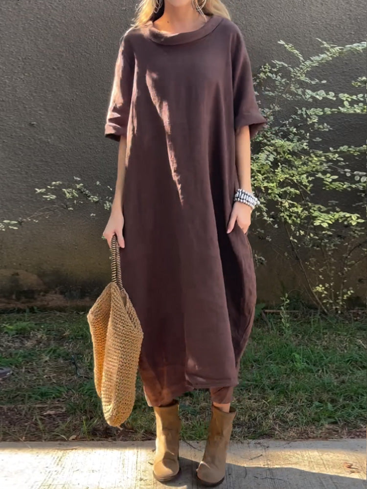Vestito casual in cotone e lino a tinta unita da donna