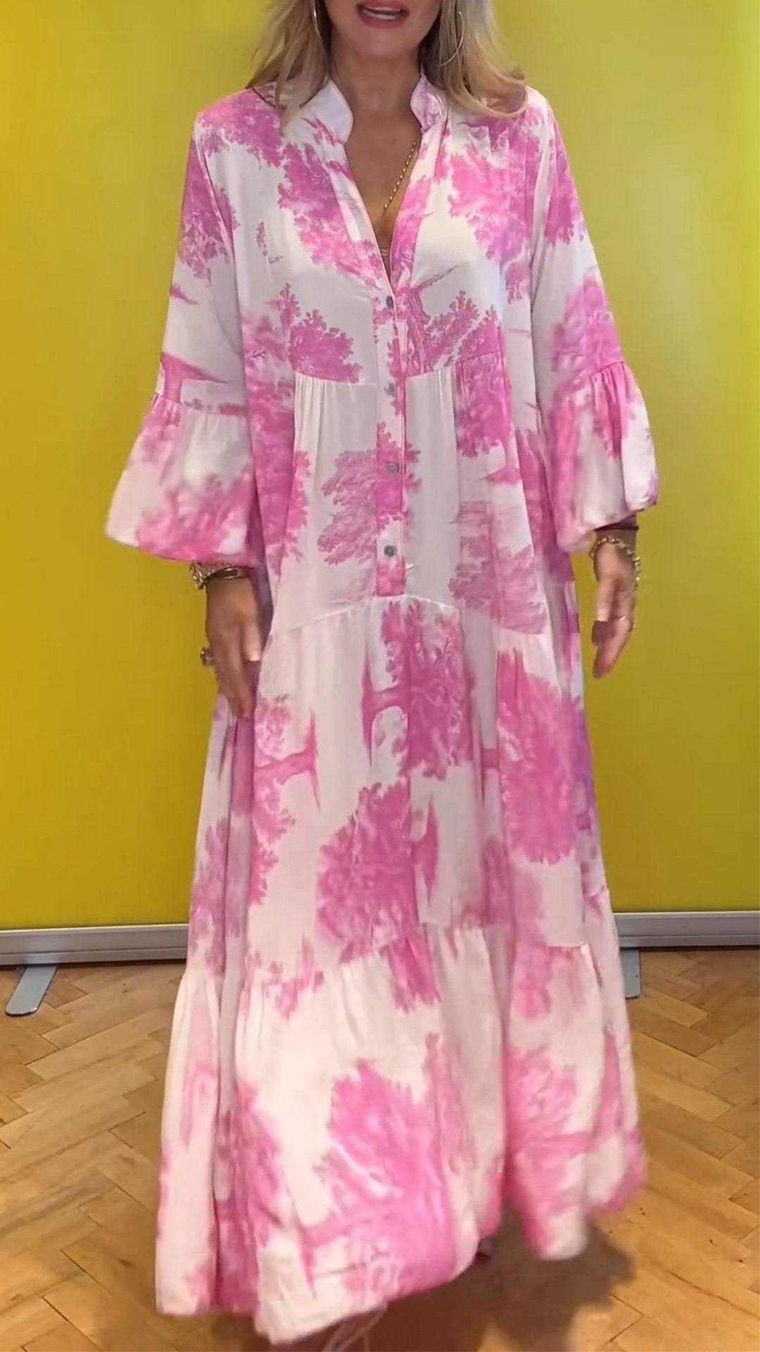 Abito estivo da donna scollatura a V fantasia foresta Vestito lungo