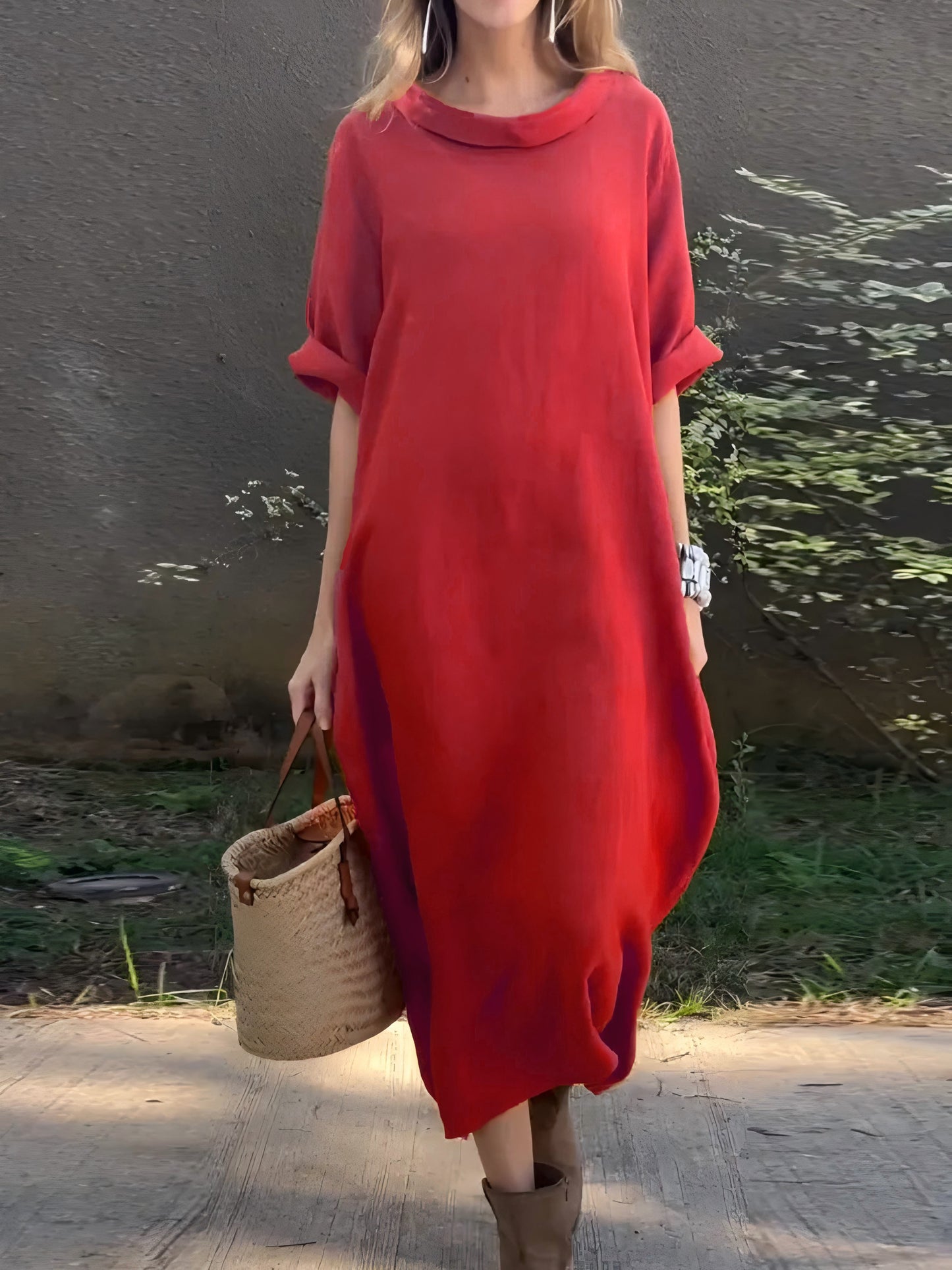 Vestito casual in cotone e lino a tinta unita da donna
