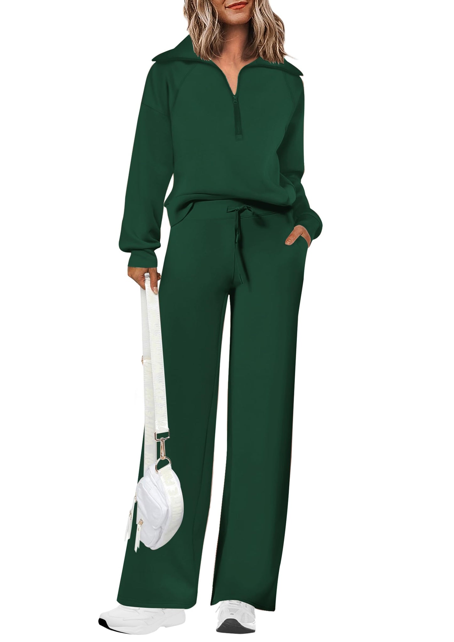 Completi da donna in cotone due pezzi con felpa a mezza zip con risvolto, pantaloni sportivi a gamba larga, tuta casual