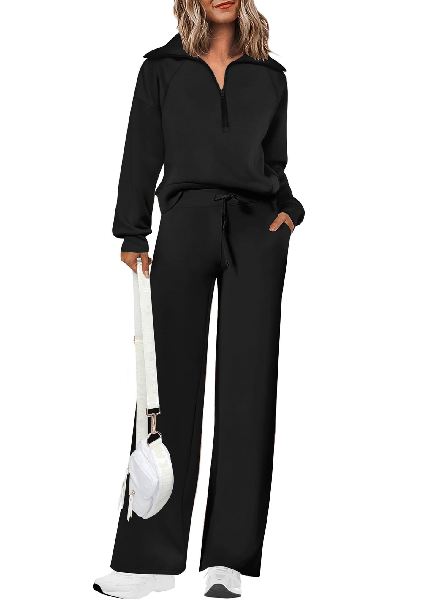 Completi da donna in cotone due pezzi con felpa a mezza zip con risvolto, pantaloni sportivi a gamba larga, tuta casual