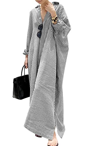 Vestito lungo da donna in cotone a righe, casual, a maniche lunghe, con bottoni, a tunica