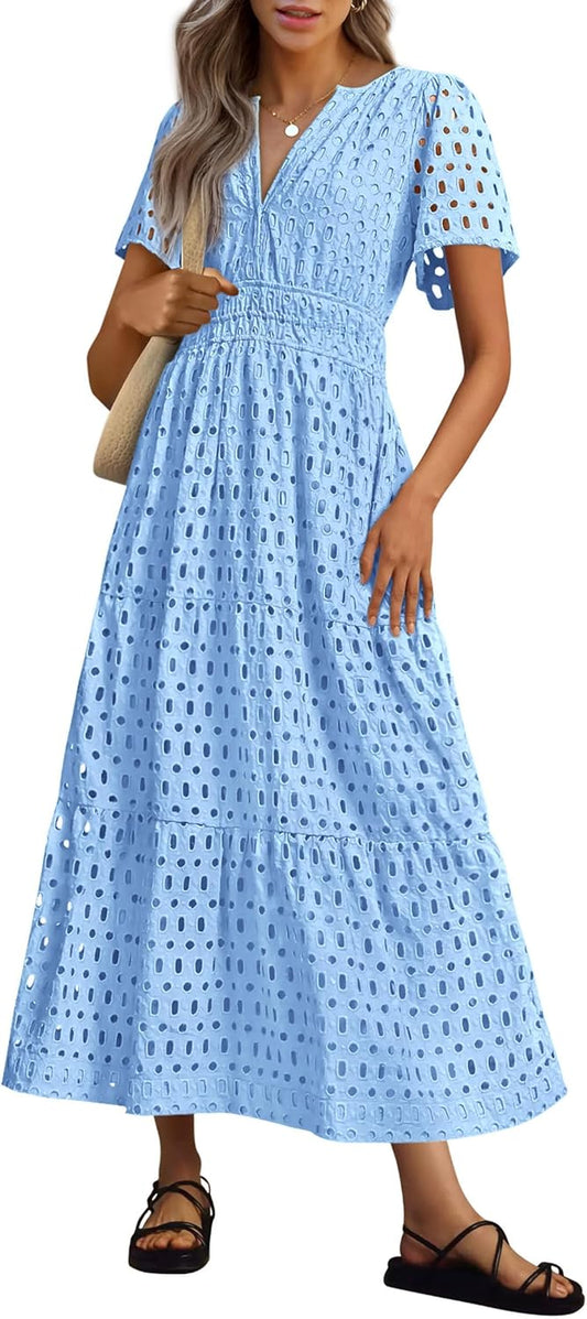 NUOVO 🔥Abito lungo estivo da donna 2025 a maniche corte con scollo a V, traforato con occhielli, vestito svasato