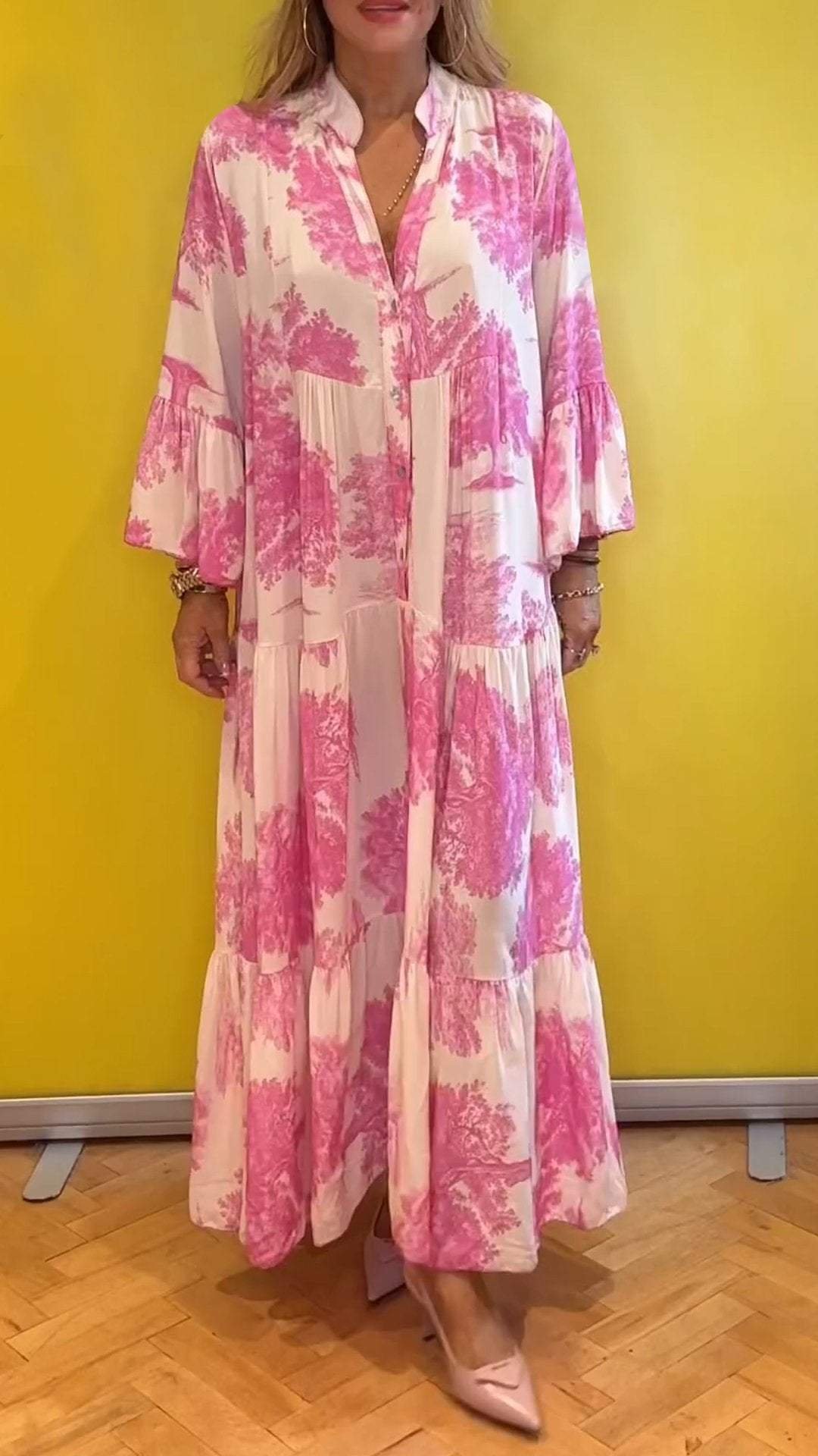 Abito estivo da donna scollatura a V fantasia foresta Vestito lungo