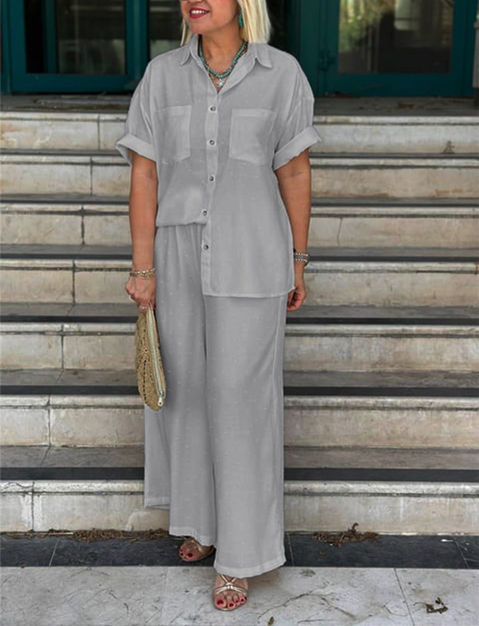 NOVITÀ🔥Completo da donna crema con camicia e pantaloni a palazzo con motivo in rilievo