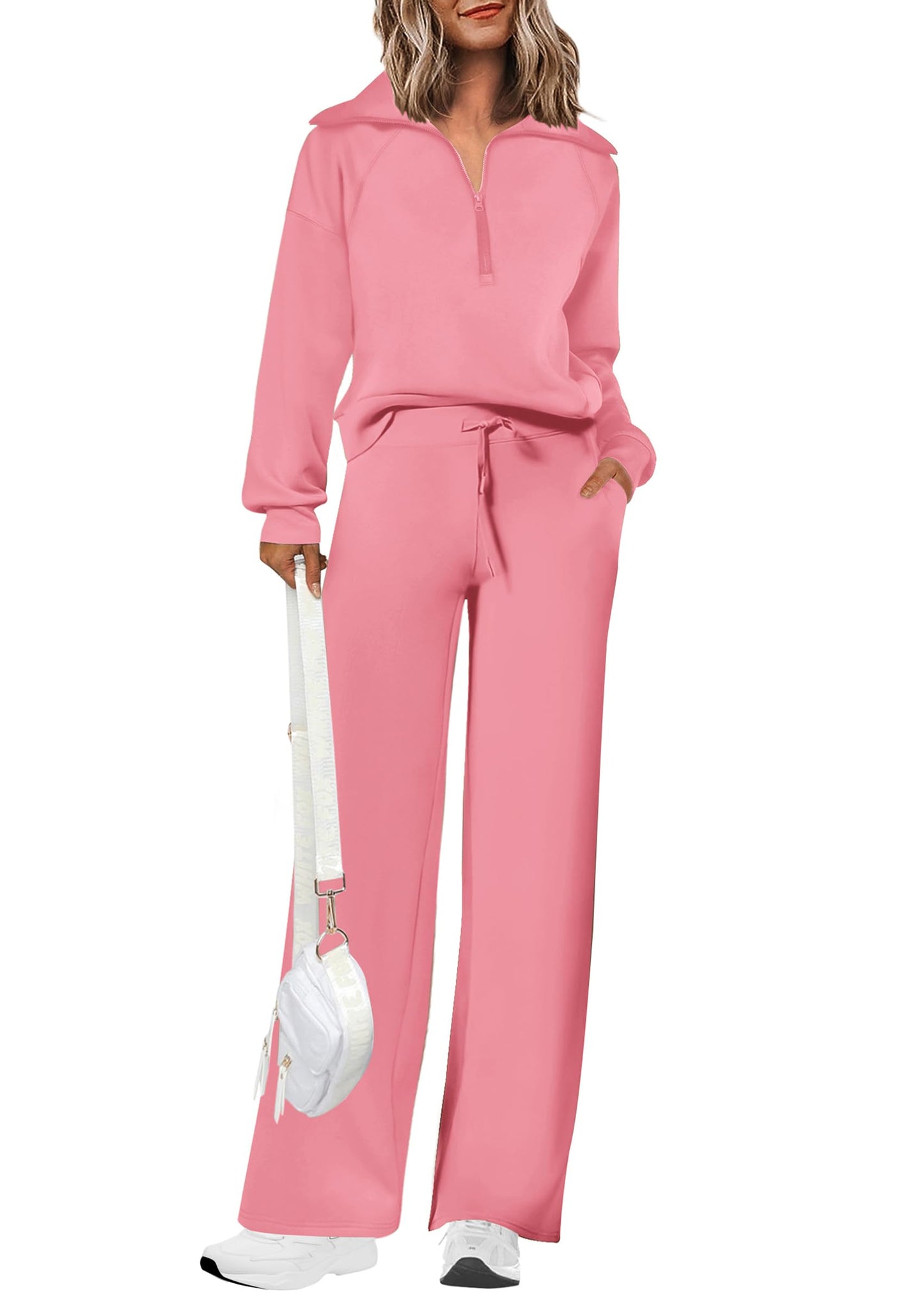 Completi da donna in cotone due pezzi con felpa a mezza zip con risvolto, pantaloni sportivi a gamba larga, tuta casual