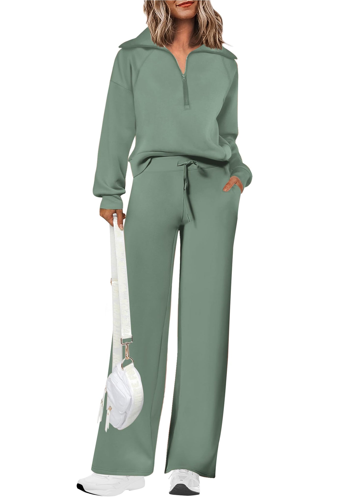 Completi da donna in cotone due pezzi con felpa a mezza zip con risvolto, pantaloni sportivi a gamba larga, tuta casual