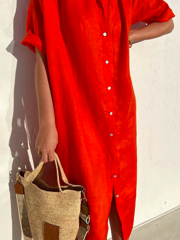 Vestito da donna elegante casual ampio a mezza manica con bottoni frontali in cotone e lino