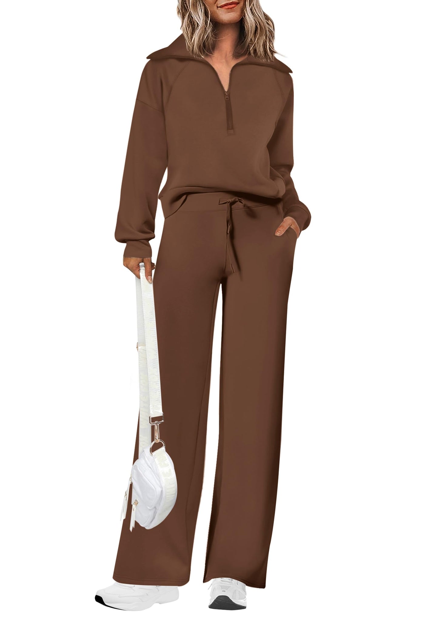 Completi da donna in cotone due pezzi con felpa a mezza zip con risvolto, pantaloni sportivi a gamba larga, tuta casual