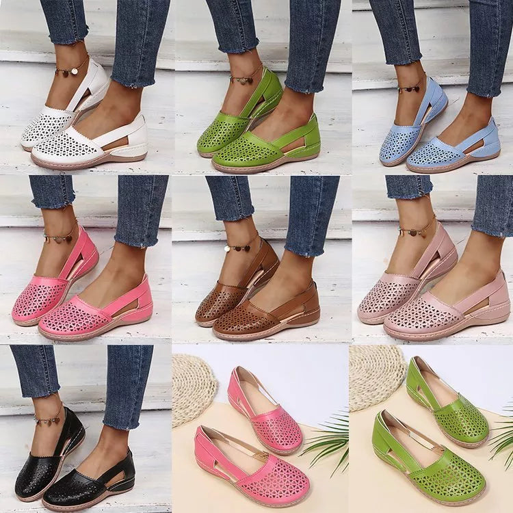 Sandali Estivi Donna Ortopedici con Zeppa e Intaglio in PU Stile Vintage