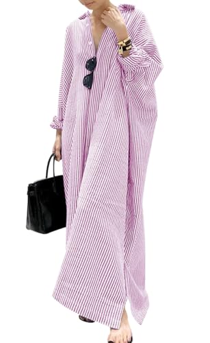 Vestito lungo da donna in cotone a righe, casual, a maniche lunghe, con bottoni, a tunica