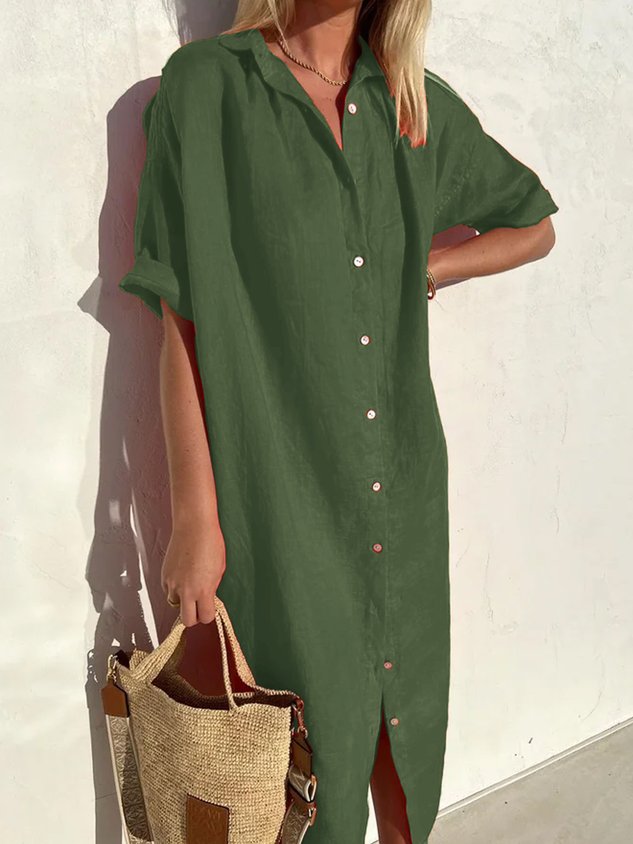 Vestito da donna elegante casual ampio a mezza manica con bottoni frontali in cotone e lino