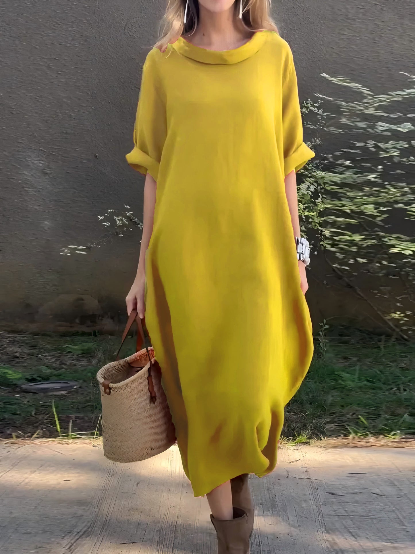 Vestito casual in cotone e lino a tinta unita da donna