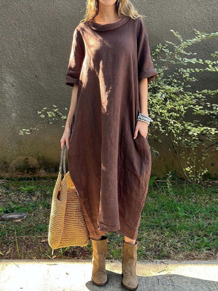 Vestito casual in cotone e lino a tinta unita da donna