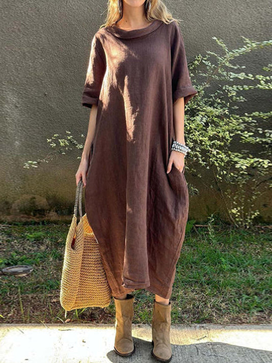 Vestito casual in cotone e lino a tinta unita da donna