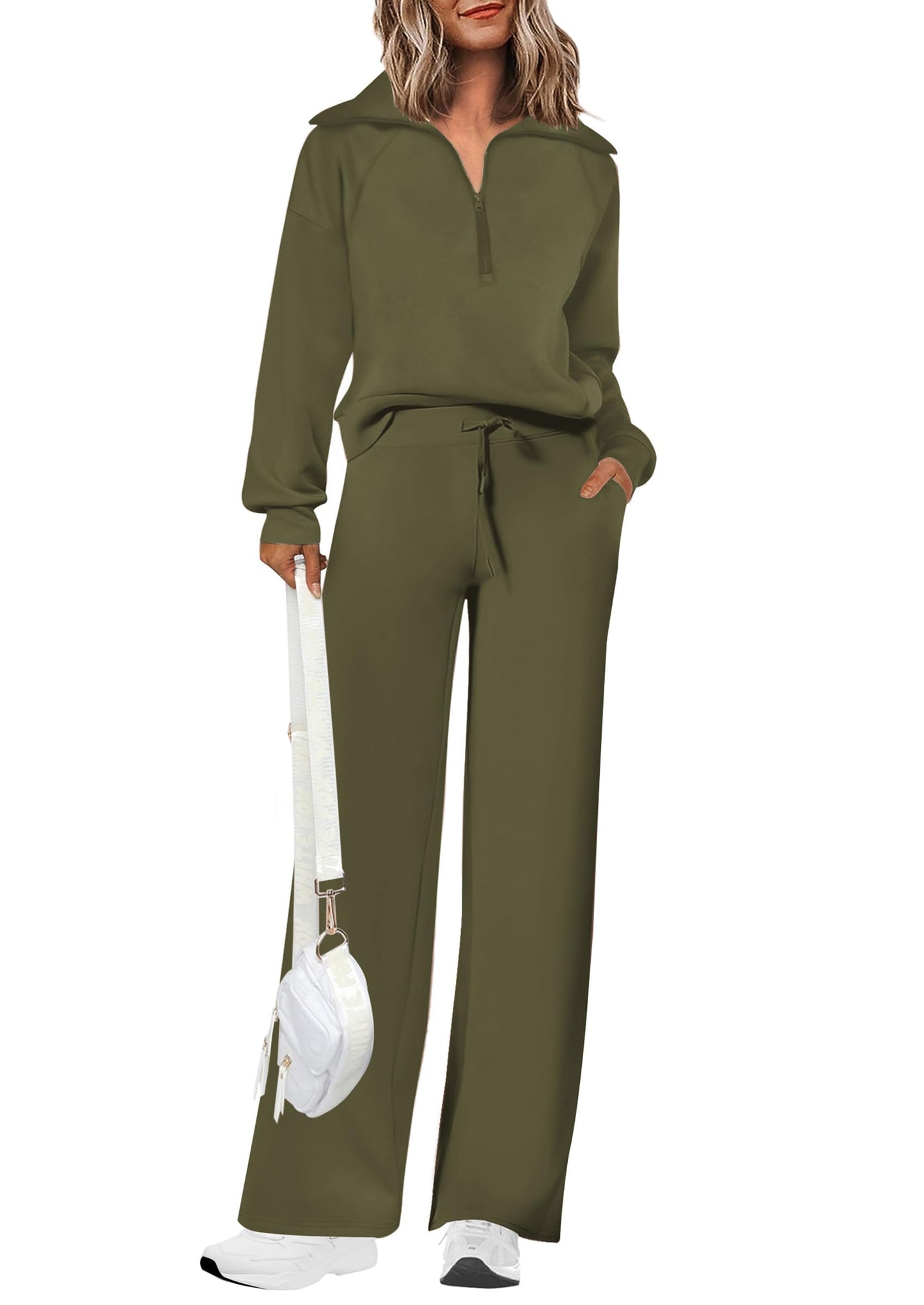 Completi da donna in cotone due pezzi con felpa a mezza zip con risvolto, pantaloni sportivi a gamba larga, tuta casual