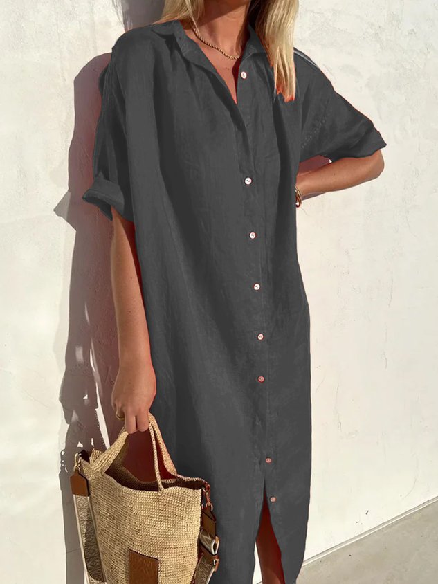 Vestito da donna elegante casual ampio a mezza manica con bottoni frontali in cotone e lino
