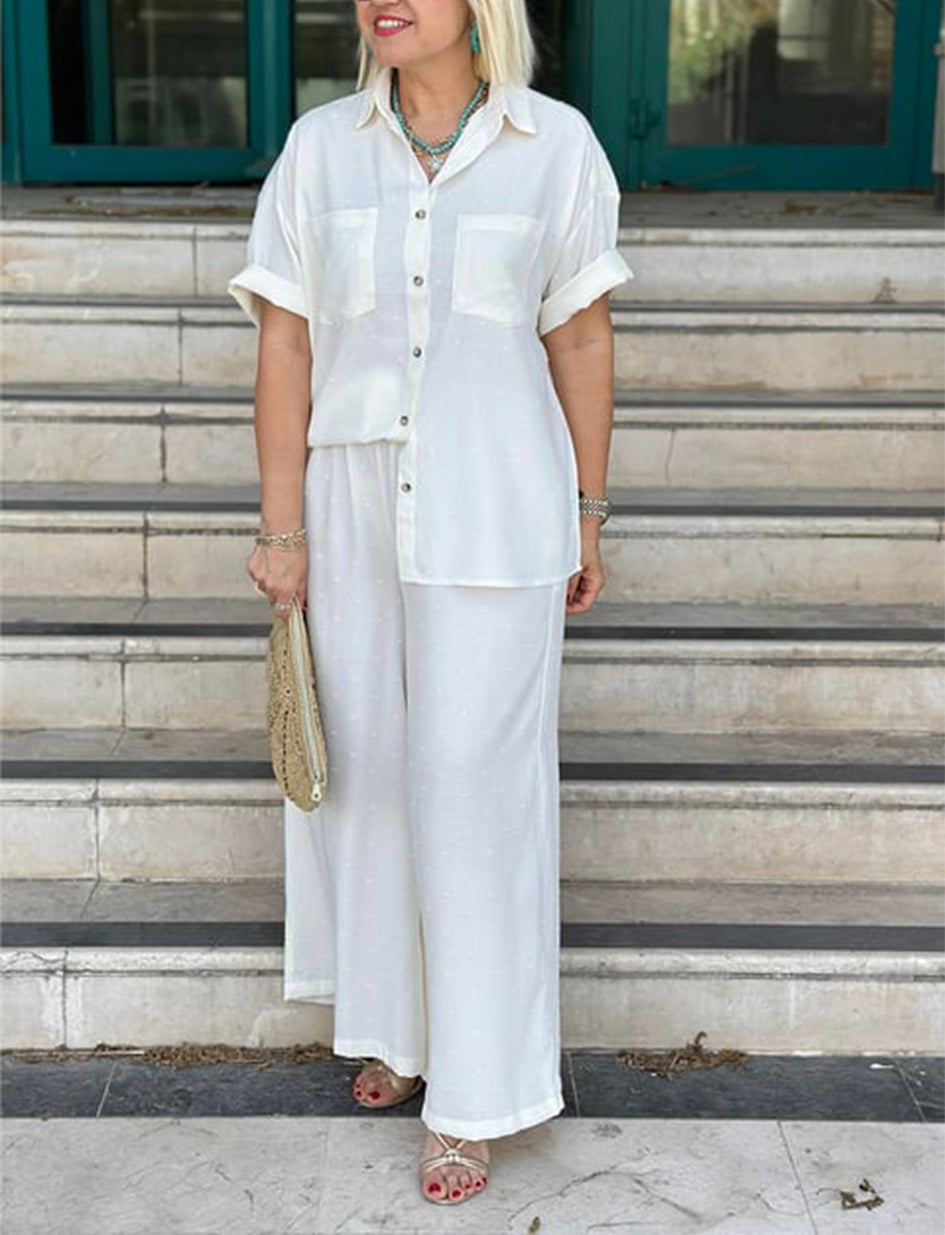 NOVITÀ🔥Completo da donna crema con camicia e pantaloni a palazzo con motivo in rilievo
