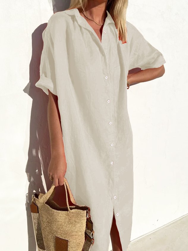 Vestito da donna elegante casual ampio a mezza manica con bottoni frontali in cotone e lino